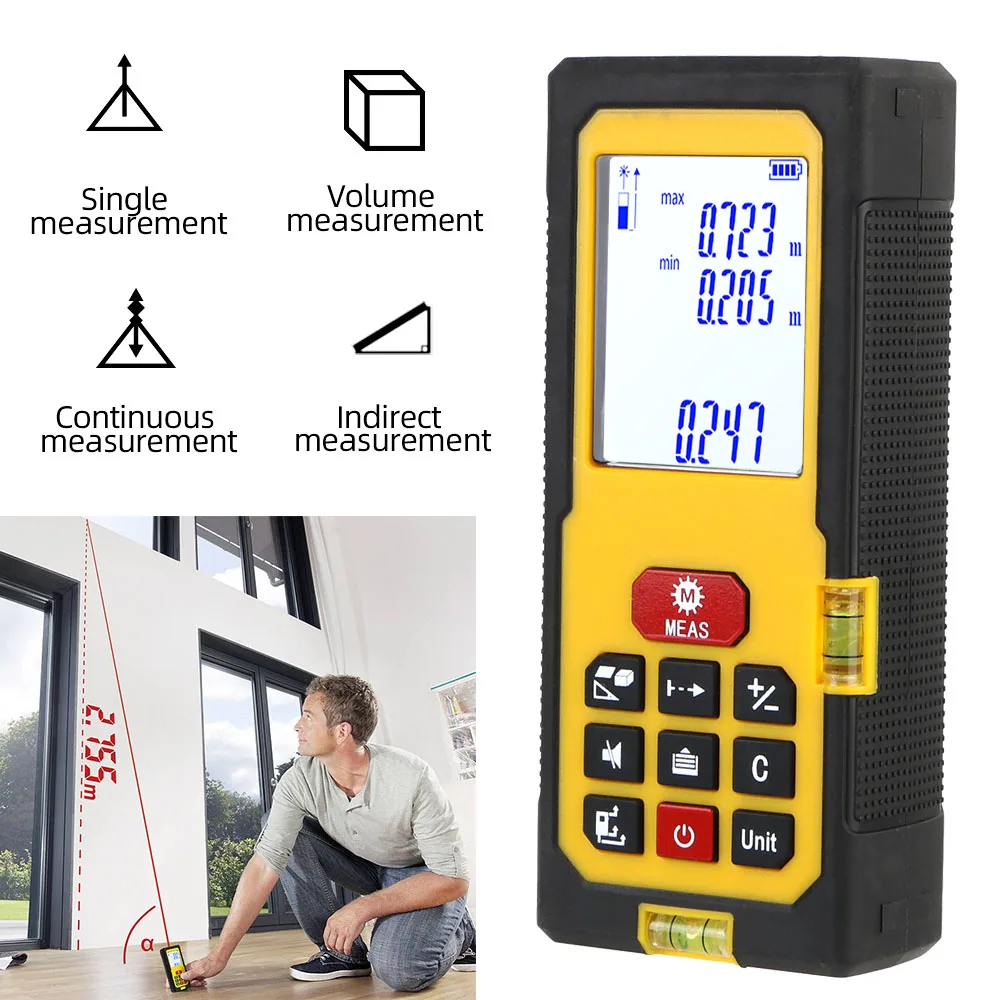 ในร่มความแม่นยํามือถืออิเล็กทรอนิกส์วัดระยะทางพื้นที่ปริมาตรอินฟราเรด Measurer เลเซอร์ระยะทางเลเซอร์ Rangefinder 50M