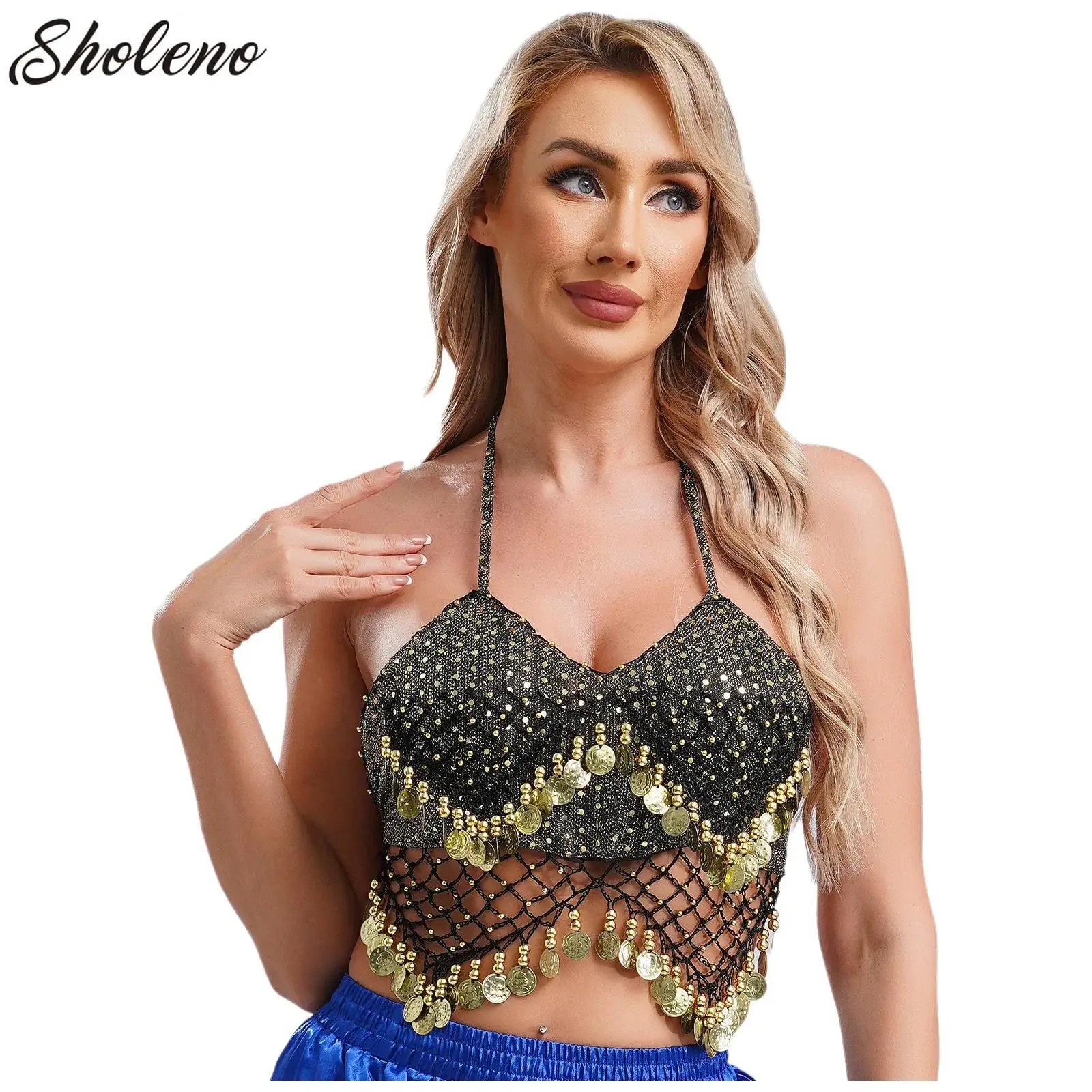 Womens Belly Dance Bra Top Halter Sequin Beads Tassel Lace-up Dance Crop Top Female Belly Dancing Performance Costume Clubwear