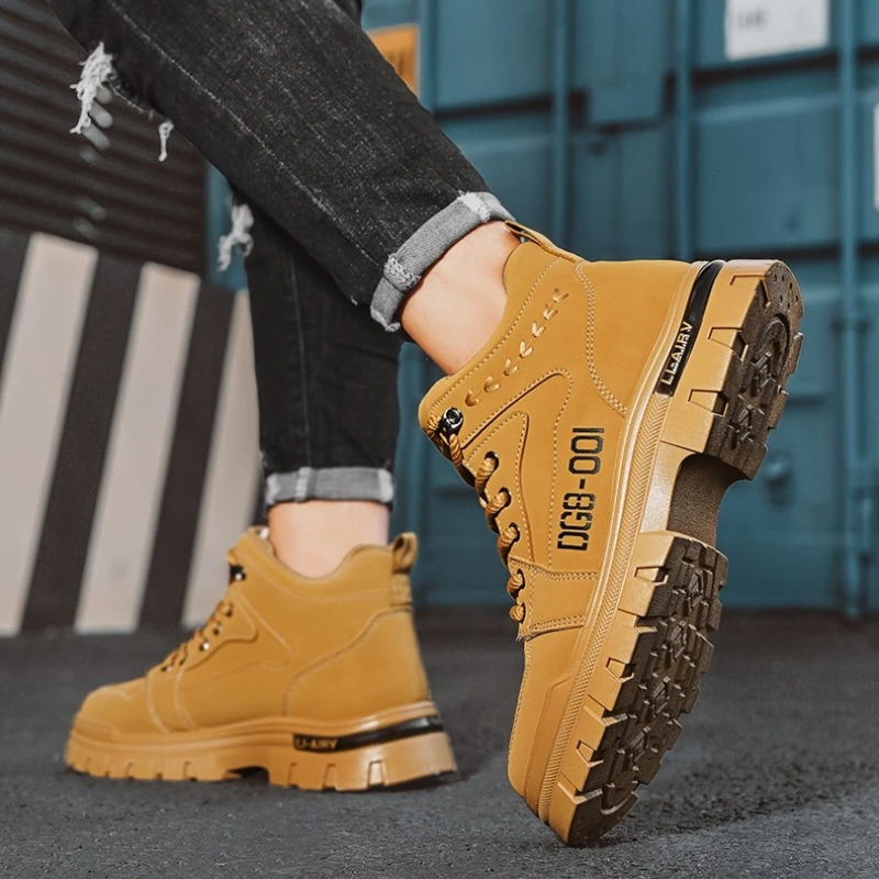 

Men's Versatile Round-toe Solid Color Large Size Spring and Autumn Lace-up Flat Heel Durable High-quality Outdoor Work Boots
