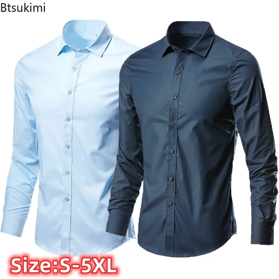 2024 Men's Dress Shirt Long Sleeve Non-iron Business Formal Clothes Fashion Solid Slim Casual Social Shirt Male Office Work Tops