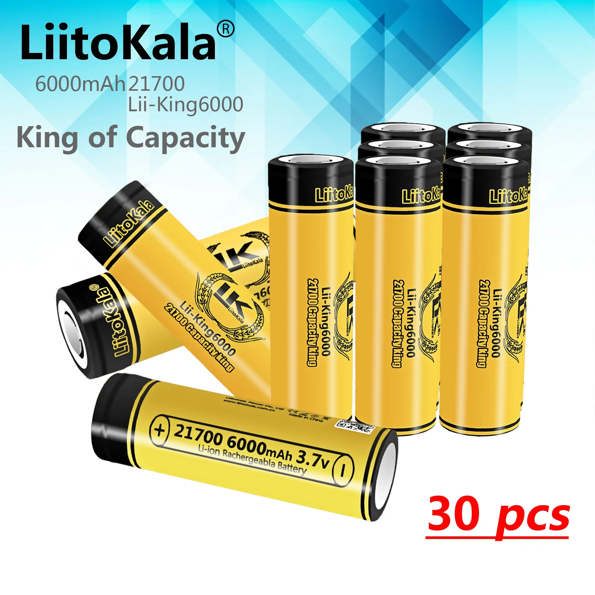 

Аккумуляторная батарея LiitoKala King6000 21700 5000 мАч, разрядка 3,7 в, для бытовых приборов высокой мощности, 30 шт.