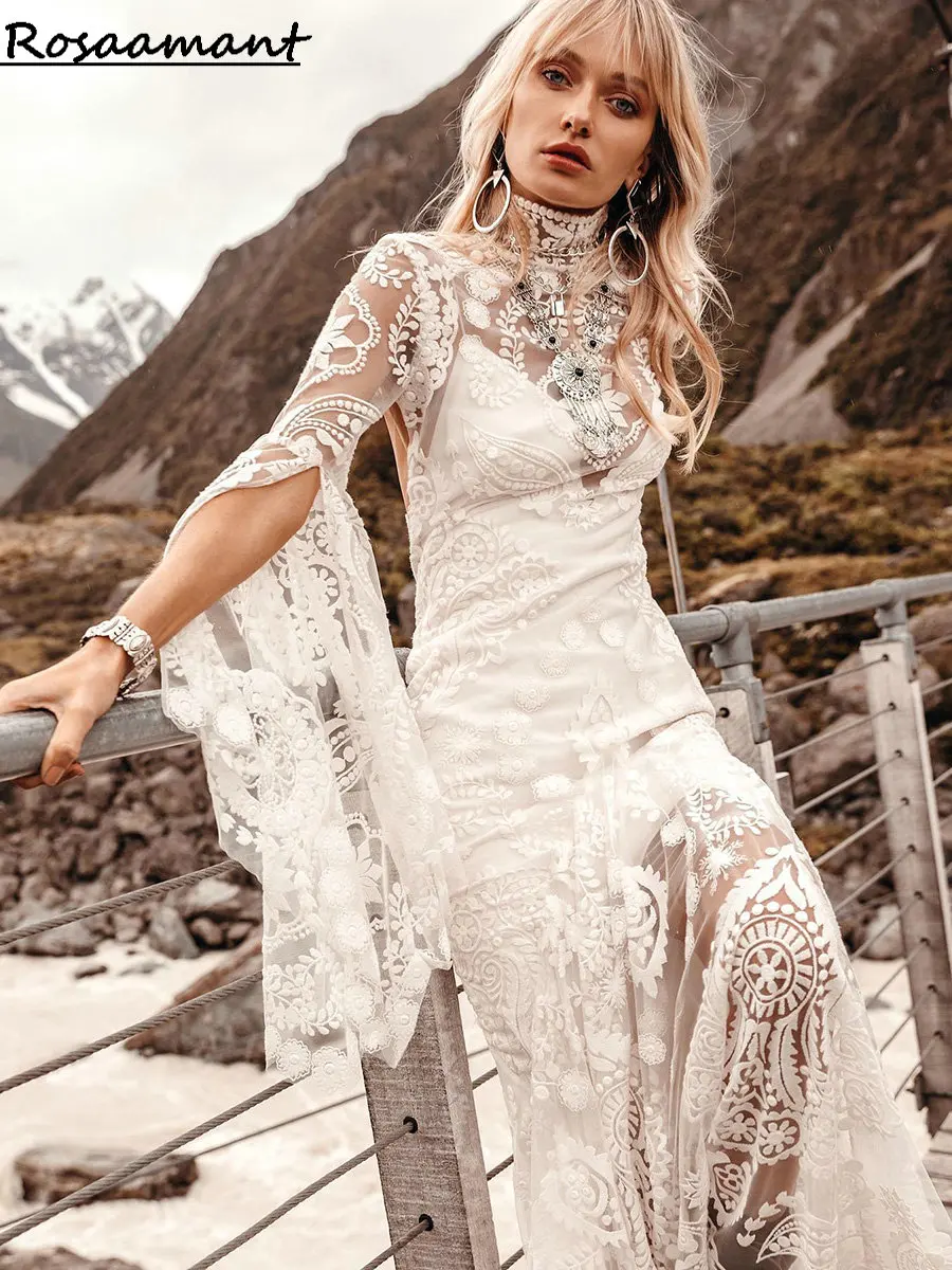 Boho Halter Long Flare Sleeve Mermaid Wedding Dresses Open Back Lace Appliques Bohemian Bridal Gowns