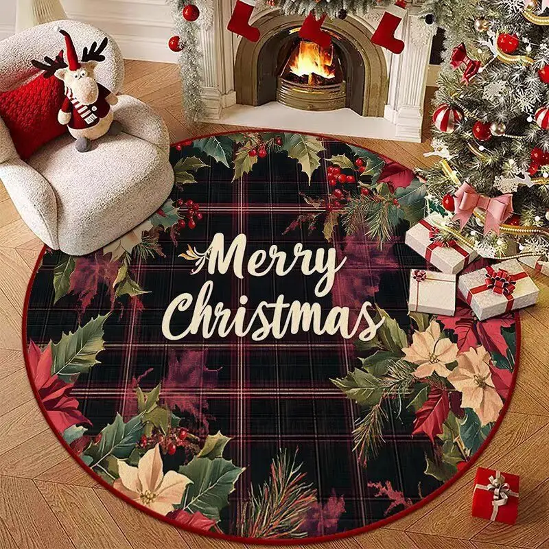VIKAMA circular Christmas carpet cartoon Santa Claus elf reindeer floor mat living room holiday home Christmas decoration