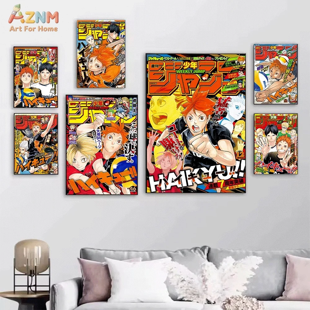 AZNM Haikyuu Weekly Shonen Jump Cover Canvas Poster Hinata Shoyo Volleyball Anime Character Wall Art Unframed Print for Living