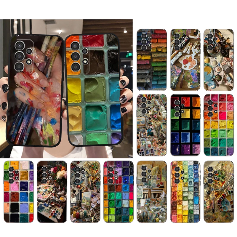 Phone Case For Samsung A17 A55 A16 A56 A35 A15 A53 A54 A33 A34 A25 A05S A52 A52S A07 A26 A06 watercolor paints Palette