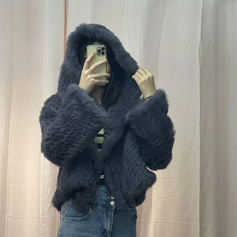 

Hot 2024 Autumn Winter Women New Hooded Flare Sleeve Loose Streetwear 100% Genuine Rabbit Fur Manual Weave Quality Short Coat