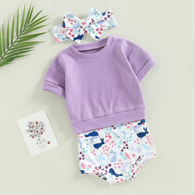 Adorables trajes de Pascua para niñas pequeñas, conjunto de camiseta y pantalones cortos de manga corta con estampado de conejito bonito y diadema a juego para verano