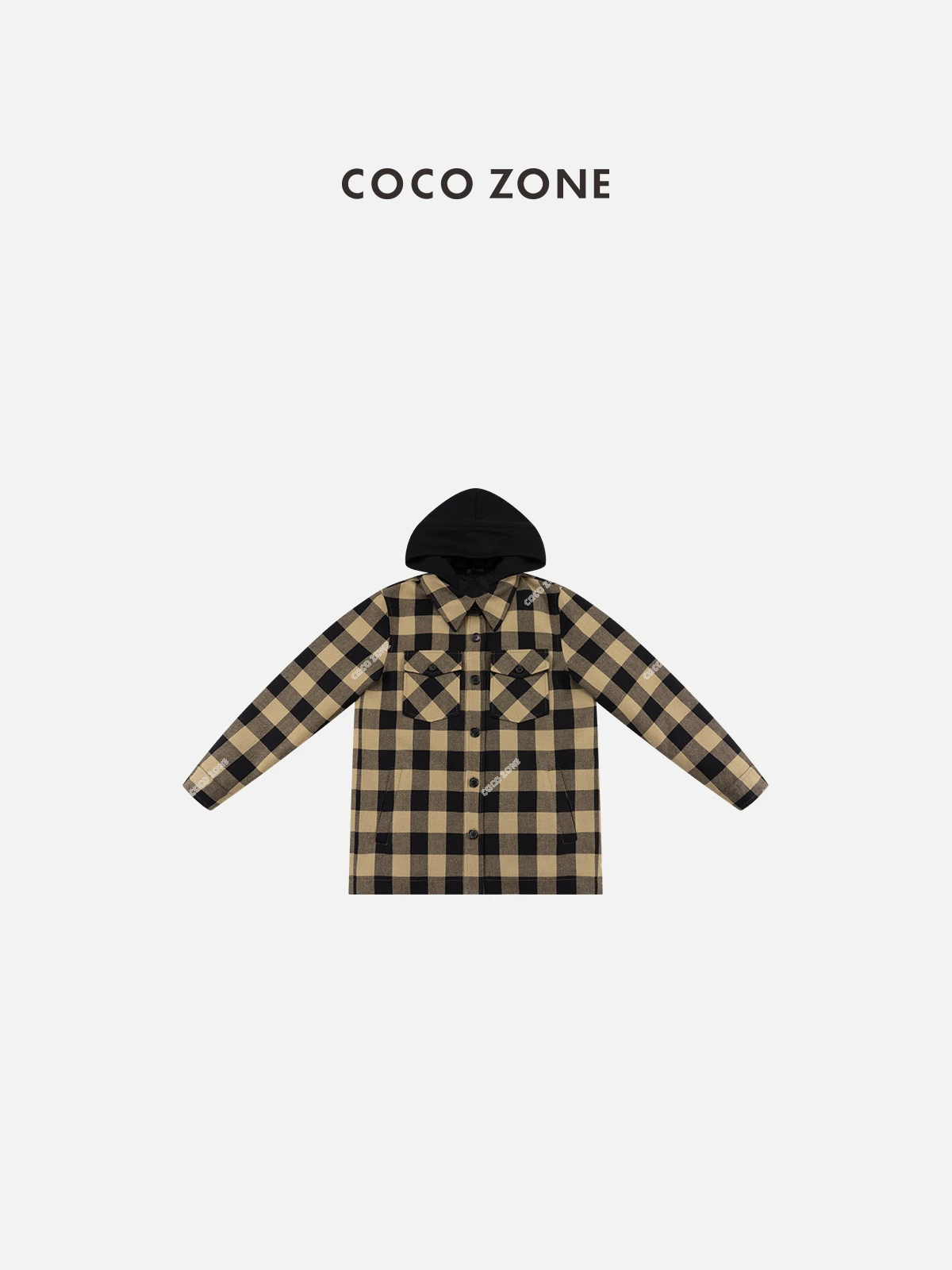 

Zone Long Sve Hooded Plaid Color Blo Removable Jaet Cotton Coat Street Sle Straight Cut Fit Single Button Closure