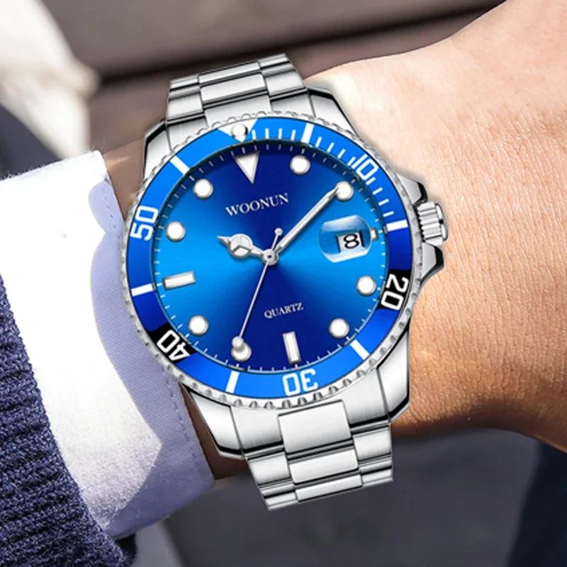 

Fashion GMT Rotatable Bezel Blue Watch Men Stainless Steel Band Auto Date Quartz Wristwatches Casual Men's Watches Reloj Hombre