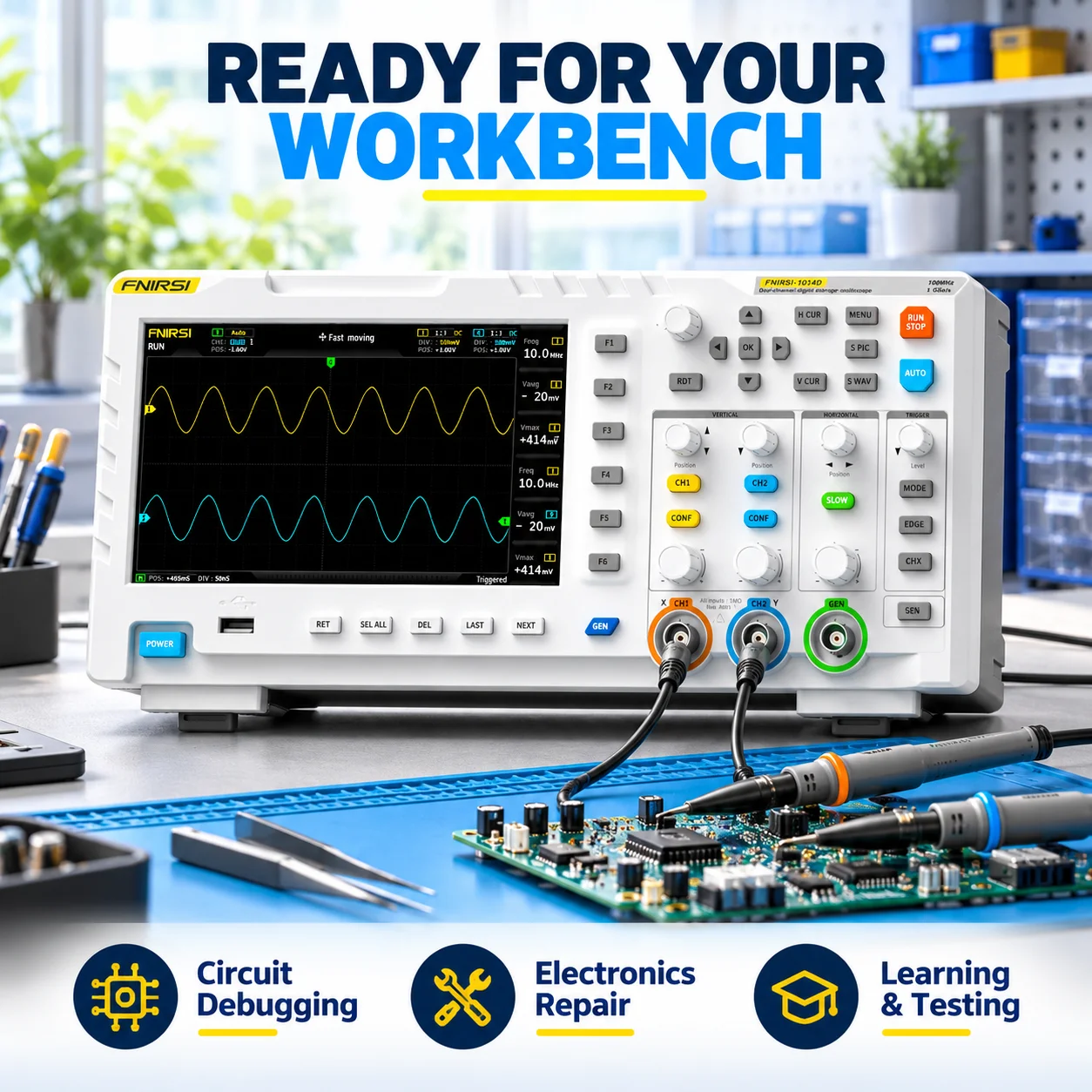FNIRSI 1014D Standard Plus Digital Oscilloscope 100MHz 1GSa/s Dual Channel 7 Inch Display with DDS Signal Generator Circuit Test