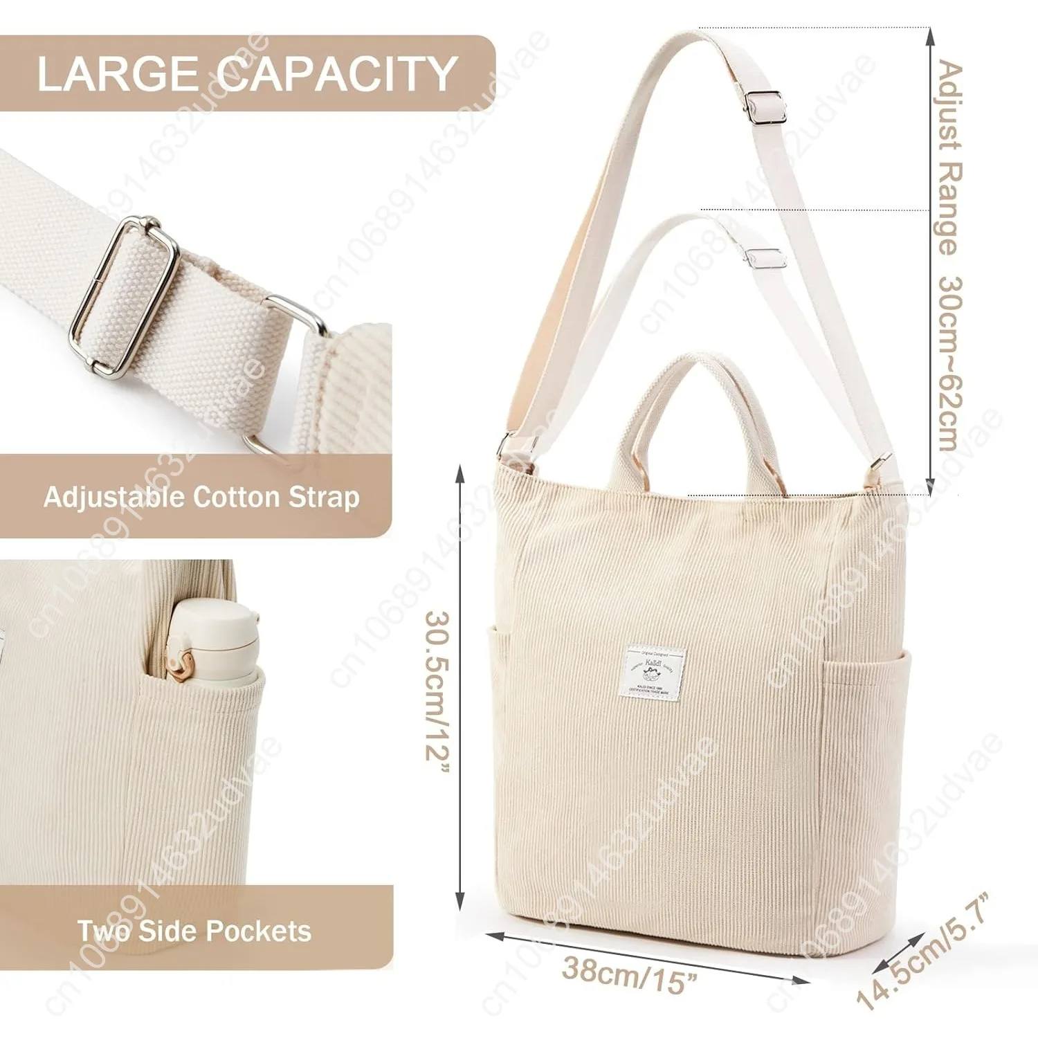 KALIDI Corduroy Tote Bag, Large Messenger Bag Shoulder Hobo Anti Splash Crossbody Zipper Bag Casual Work Shopping Women