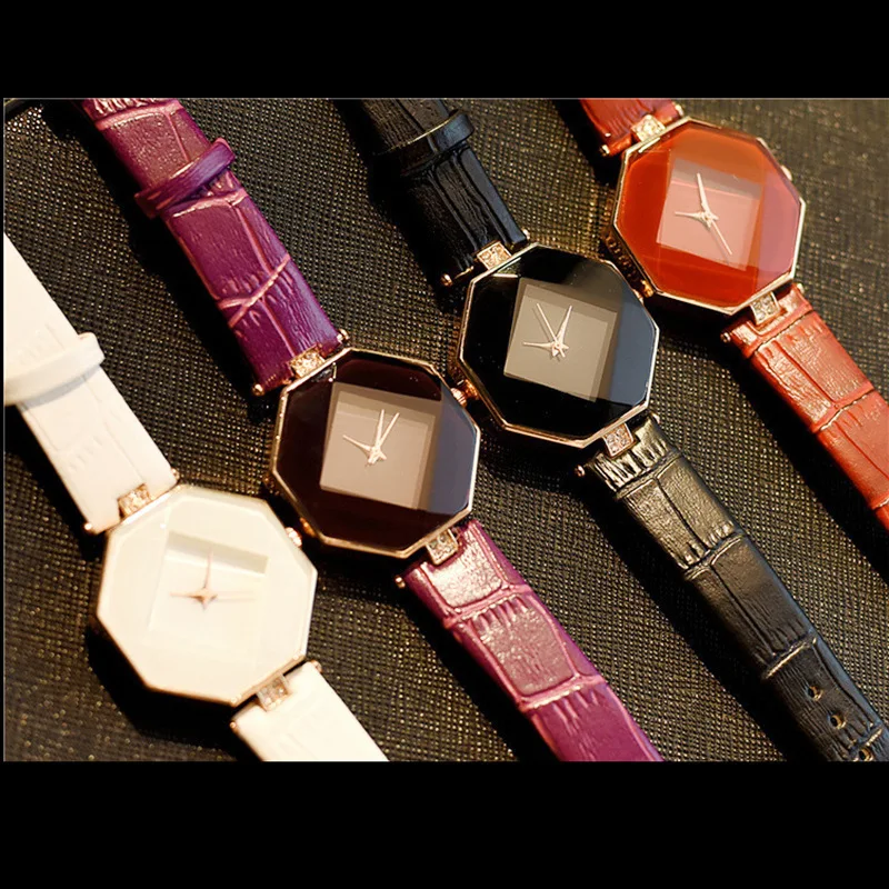 Women Watches Gem Cut Geometry Crystal Leather Quartz Wristwatch Fashion Dress Ladies Gifts Clock Relogio Feminino