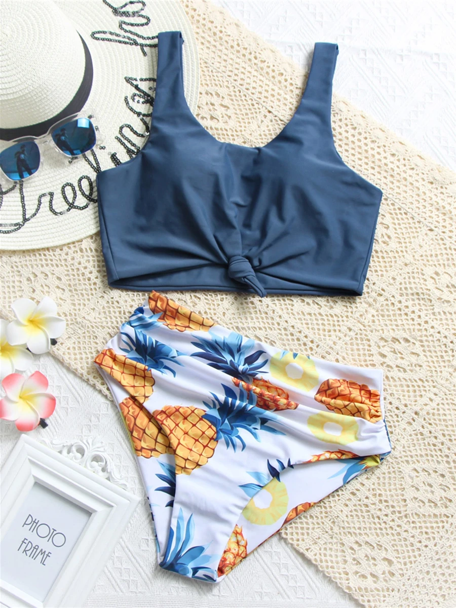 

2025 High Waist Bikini Printed Swimsuit Women Sexy Tie Front Swimwear Female Bathers Bathing Swimming Swim Suit Beachwear
