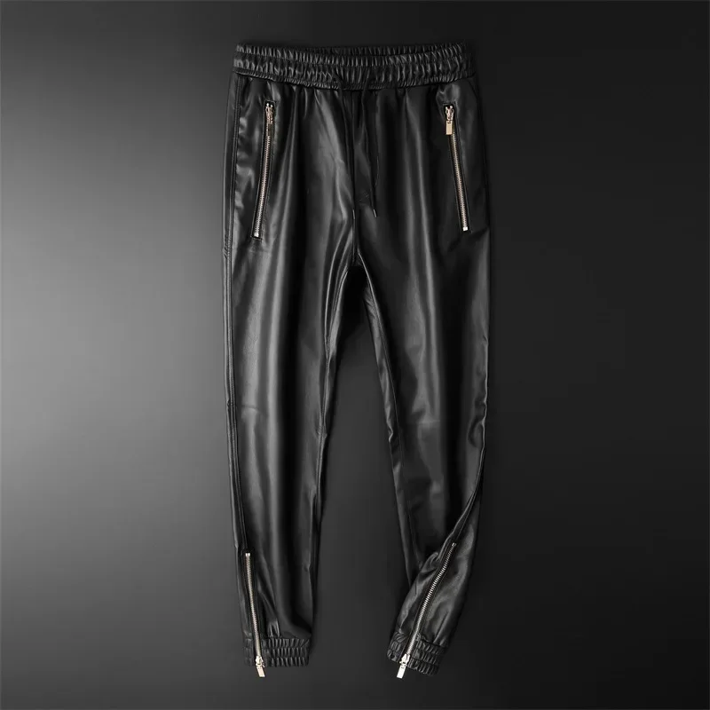 Pantalones de cuero negro mate para hombre, pantalones de chándal informales con dobladillo, cremallera lateral, cintura elástica, pantalones de Jogger de PU, pantalones de motocicleta de cuero