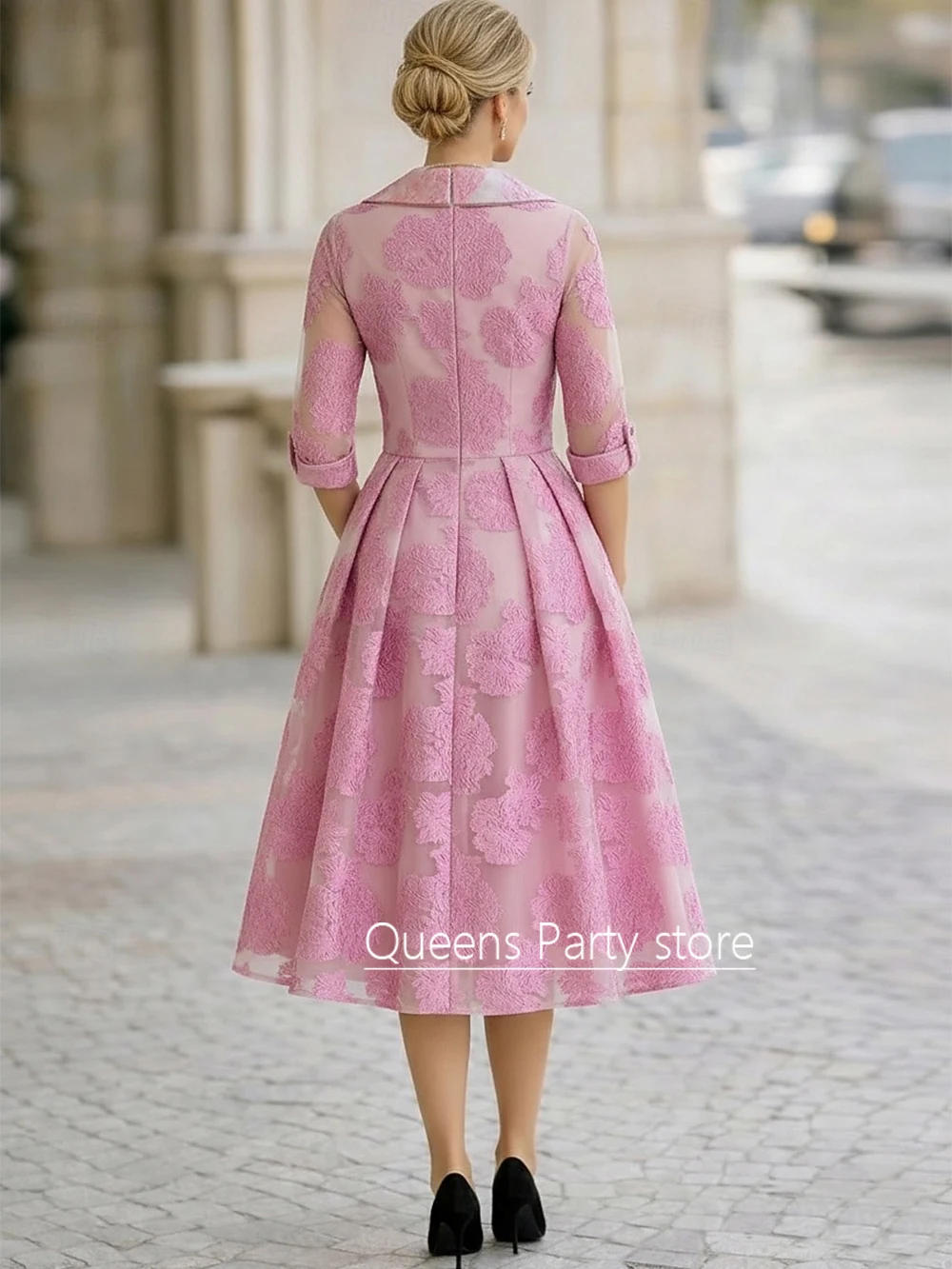 Mother of The Bride Dress Customized Design V Neck 3/4 Sleeves Lace A Line Tea Length Wedding Guest Gown Party Dresses