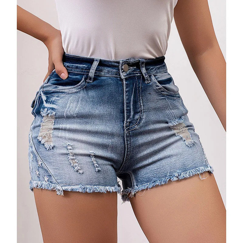 

Лидер продаж, дизайнерские рваные повседневные мини-джинсы для девочек, женские мешковатые джинсовые шорты с высокой талией, женские темно-синие эластичные короткие брюки