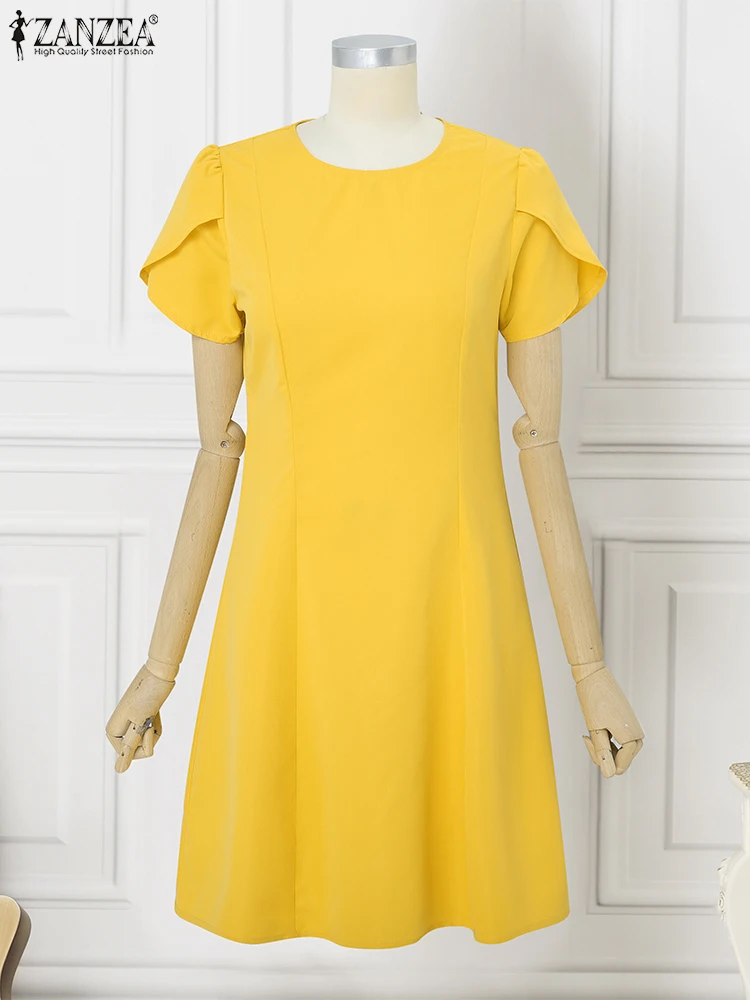 ZANZEA 2025 Summer Dress Women Elegant Short Sleeve Waisted Party Sundress Solid Work OL A-line Dresses Stylish Knee-length Robe