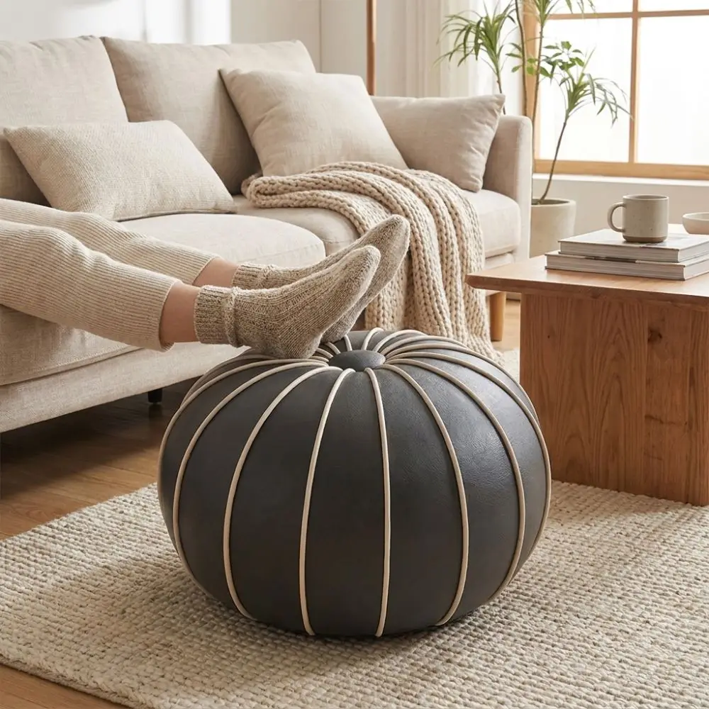 PU Leather Pouf Ottoman Cover Unstuffed Large Capacity Sofa Footstool Cover Minimalist Round Pumpkin Pouf Cover Entrance