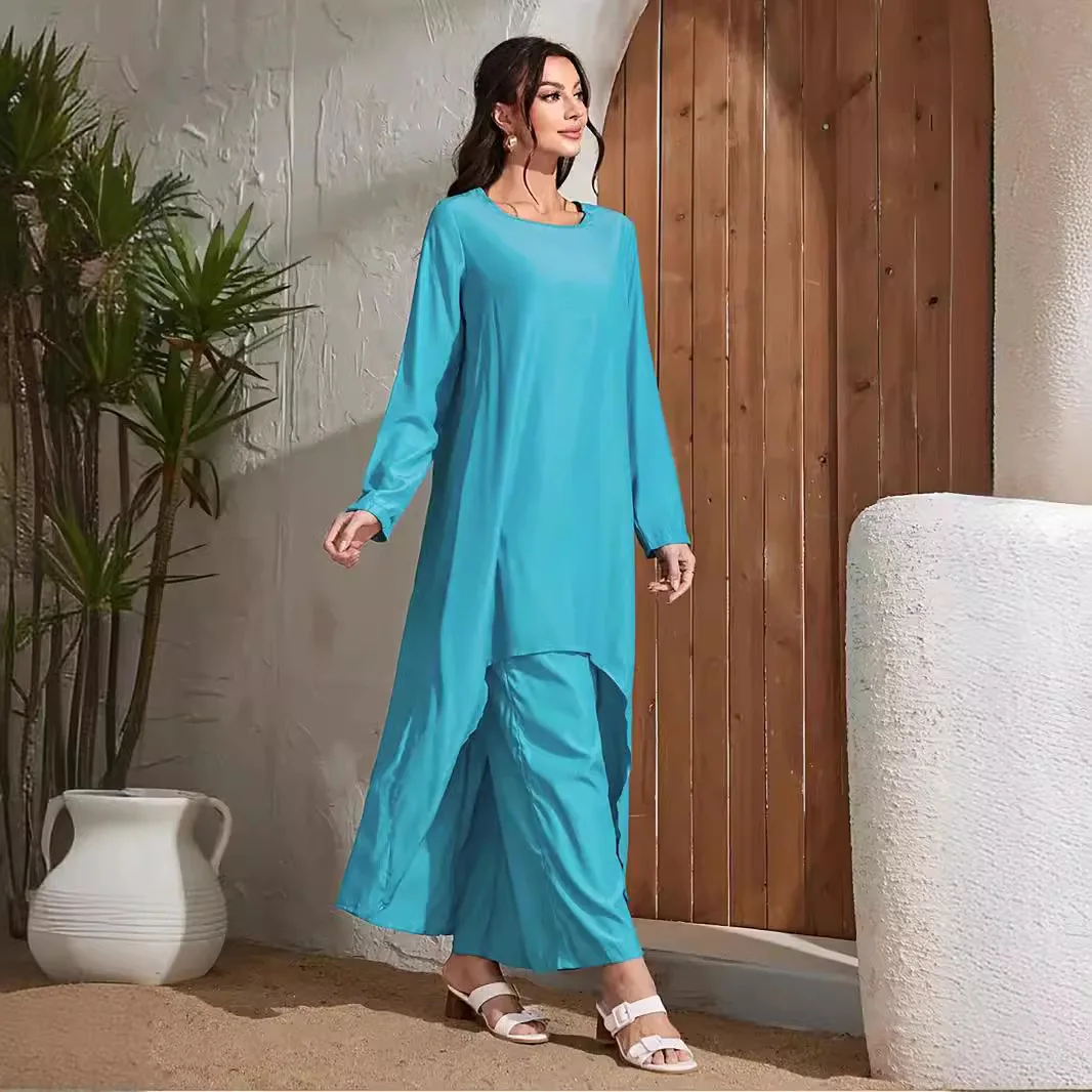 

2 Pieces Set Women Muslim Irregular Long Tops Wide Leg Pants Suit Turkey Outfits Dubai Abaya Maxi Dress Trousers Islam Clothing