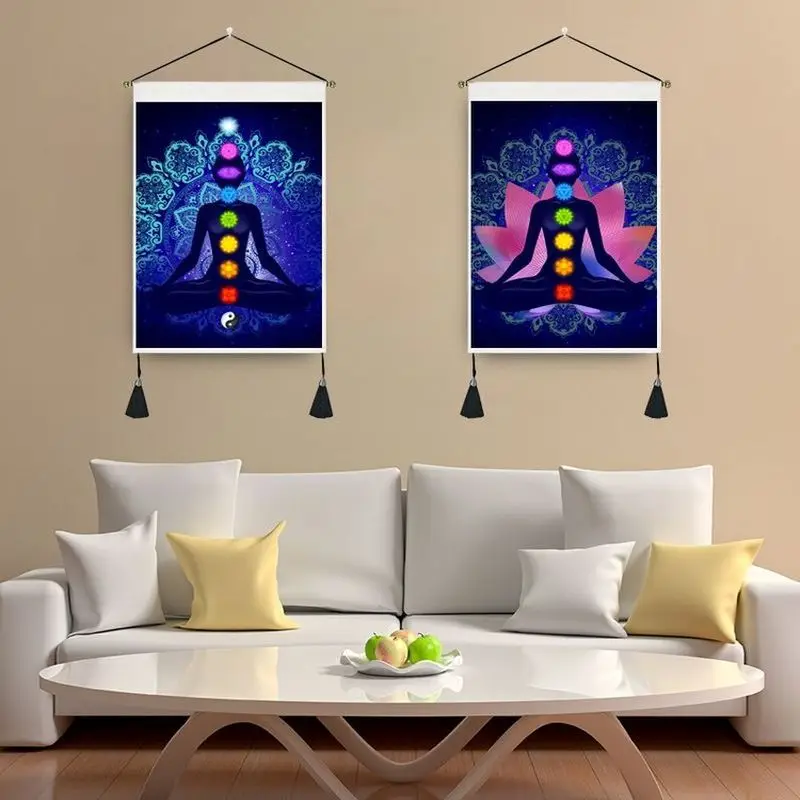 Chakra Yoga Scroll Tapestry Meditation Lotus Mandala Polyester Wall Hanging Mystic Spiritual Aesthetic Bedroom Dorm Home Decor
