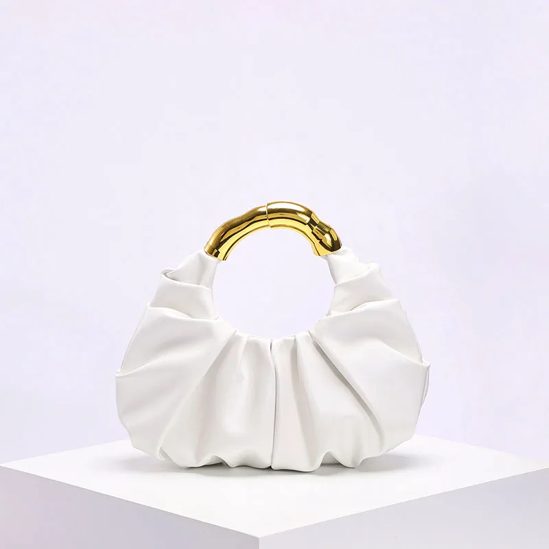 

Fashion Ruched Women Handbags Luxury Metal Handle Hand Bags Luxury Soft Pu Leather Small Tote Bag Elegant Party Clucth Bag