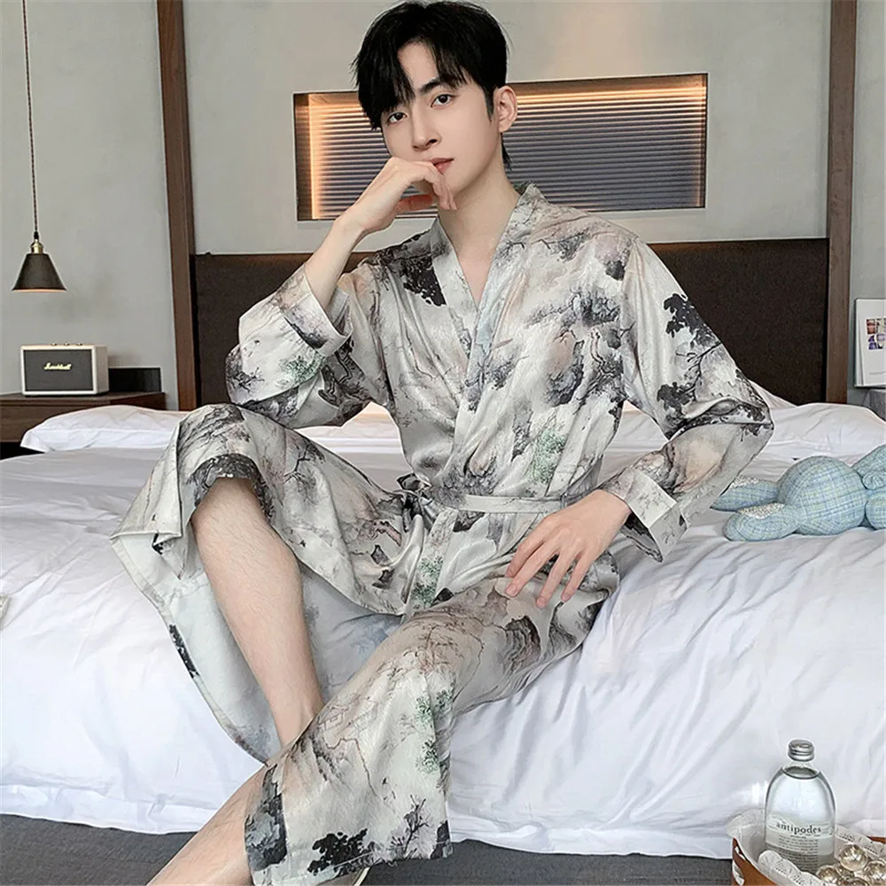 

Chinese Style Print Long Robe Men Autumn Long Sleeve Silk Satin Bathrobe Male V-neck Men's Homewear Bath Robe