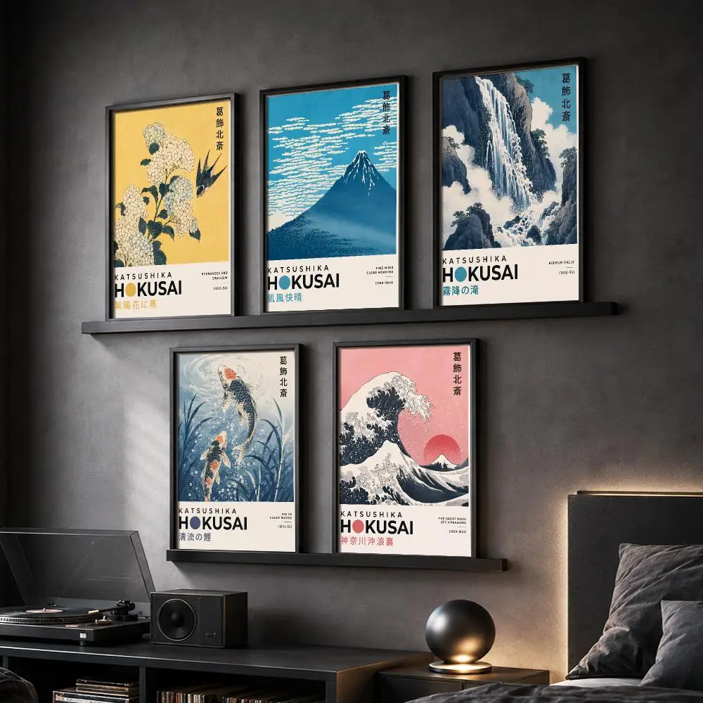 K-Katsushika Hokusai Retro Japan Sea Calligraphy Canvas Poster Hallway Bedroom Living Room Home Bar Decoration Interior Wall