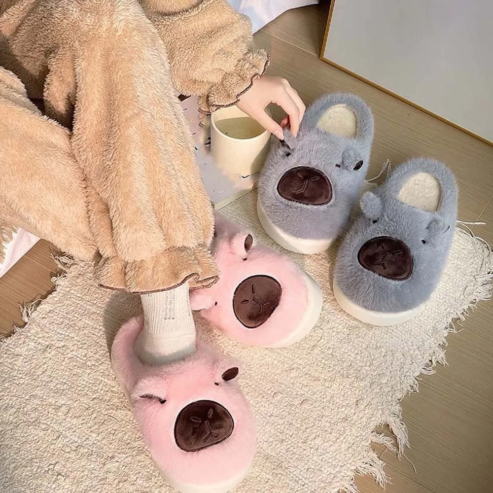 

Houseshoes Soft Capybara Furry Slippers EVA Thickened Cartoon Cotton Slippers Anti-slip Cute Warmer Home Cotton Shoes Men