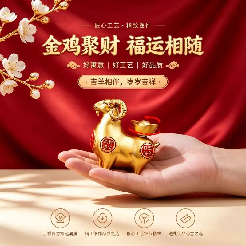 Golden Figurine, Leading , Lucky Character Ram, Decorative Craft For Home And Office