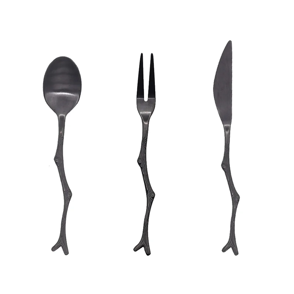 

3pcs Spoon Fork Set Stainless Steel Vintage Flatware Tree Branch Design Fruit Cutlery for Home Restaurant (Black)