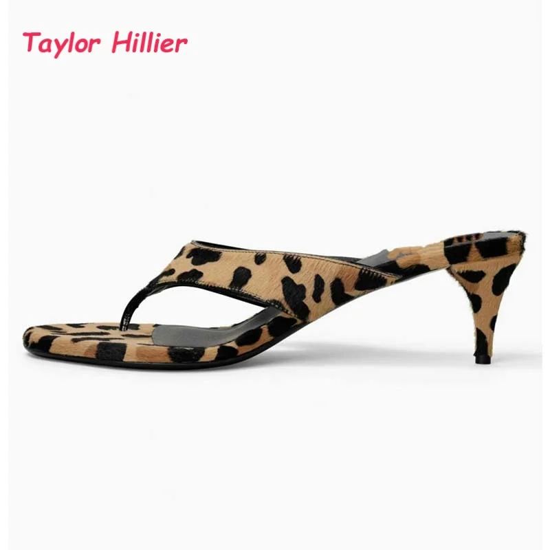 Leopard Print Flip-Flops Kitten Heel Mules Women Chic Faux Fur Round Toe Sandals Ladies Slip On Summer Casual Heeled Slides