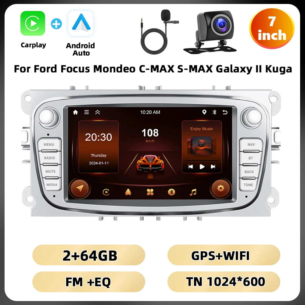 Podofo 7 ''Android Multimedia Speler Voor Ford Focus Mondeo C-MAX S-MAX Galaxy Ii Kuga Gps Navigatie 2 64G Carplay Android Auto - afbeelding 1