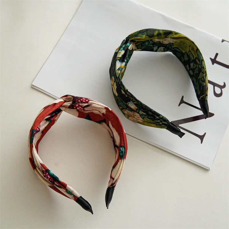 Summer New Retro High Cranio-Top Cross Headband Printed Fabrics Version Fashion Wide Edge Hair Hoop Hair Accessories