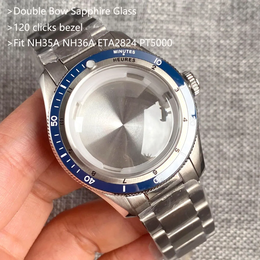 

20ATM Diving 40mm Double Bow Sapphire Glass Watch Case Fit Auto NH35A NH36 ETA2824 PT5000 Bezel 120 Clicks Stainless Steel Strap