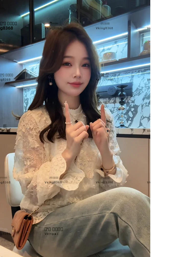 

Женская модная блузка Ele Lace Base с высоким воротником, длинными рукавами, свободного кроя, из шелка Double Moon, для весны и осени