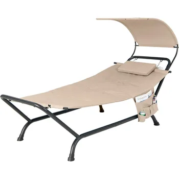 Hanging Hammock with Stand, Patio Hanging Chaise Lounge Chair w/Canopy, Cushion, Pillow & Storage Bag, Heavy Duty Swing