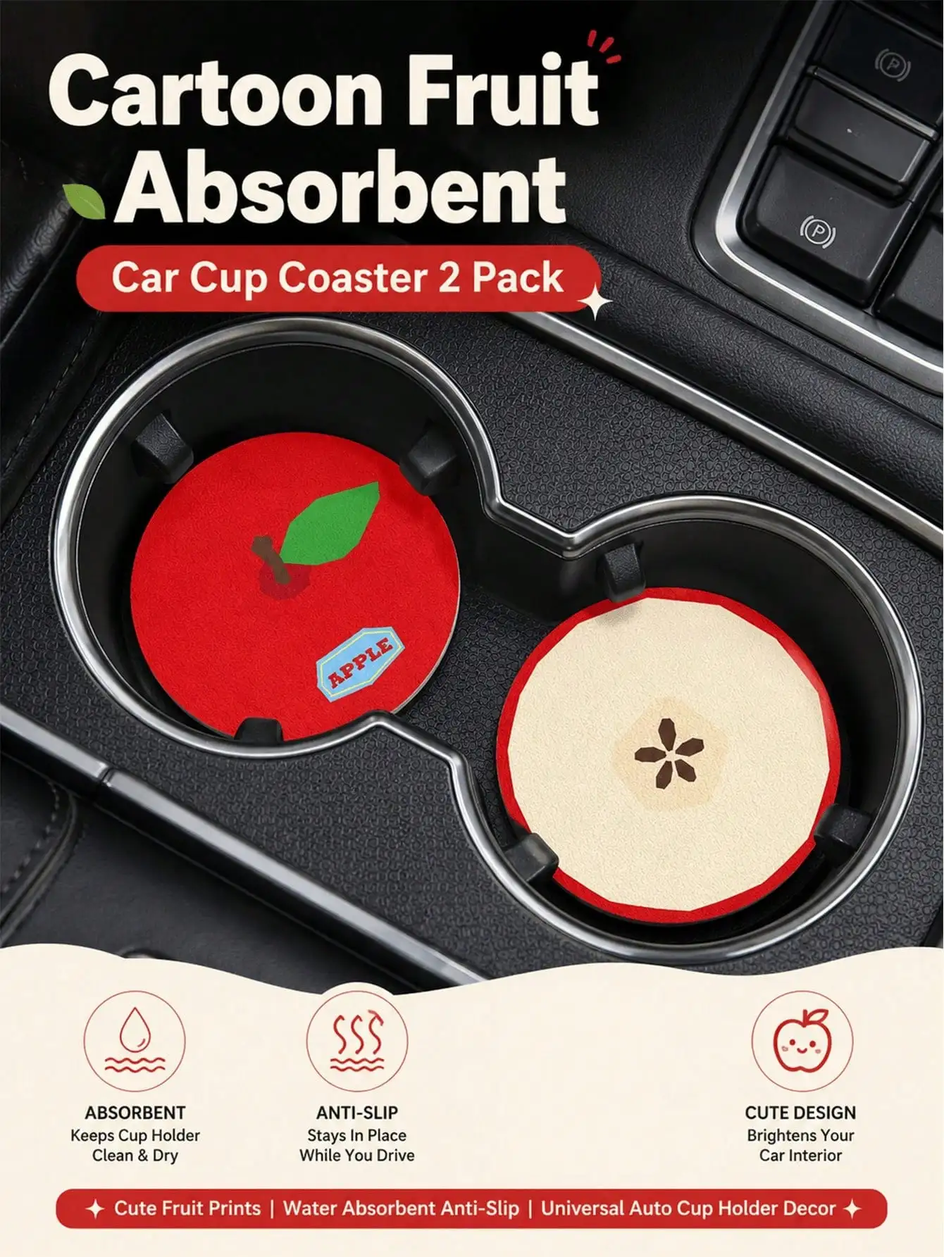 2 Pack Adorable Fruit Car Cup Holder Mats Absorbent Anti-Scratch Non-Slip Universal Cute Vehicle Interior Decor Coasters