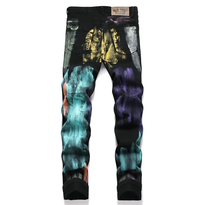 Men's Fashion High Street Painted Jeans Pants Streetwear Punk Style Printed Denim Trousers Straight Fit Hip Hop Bottoms