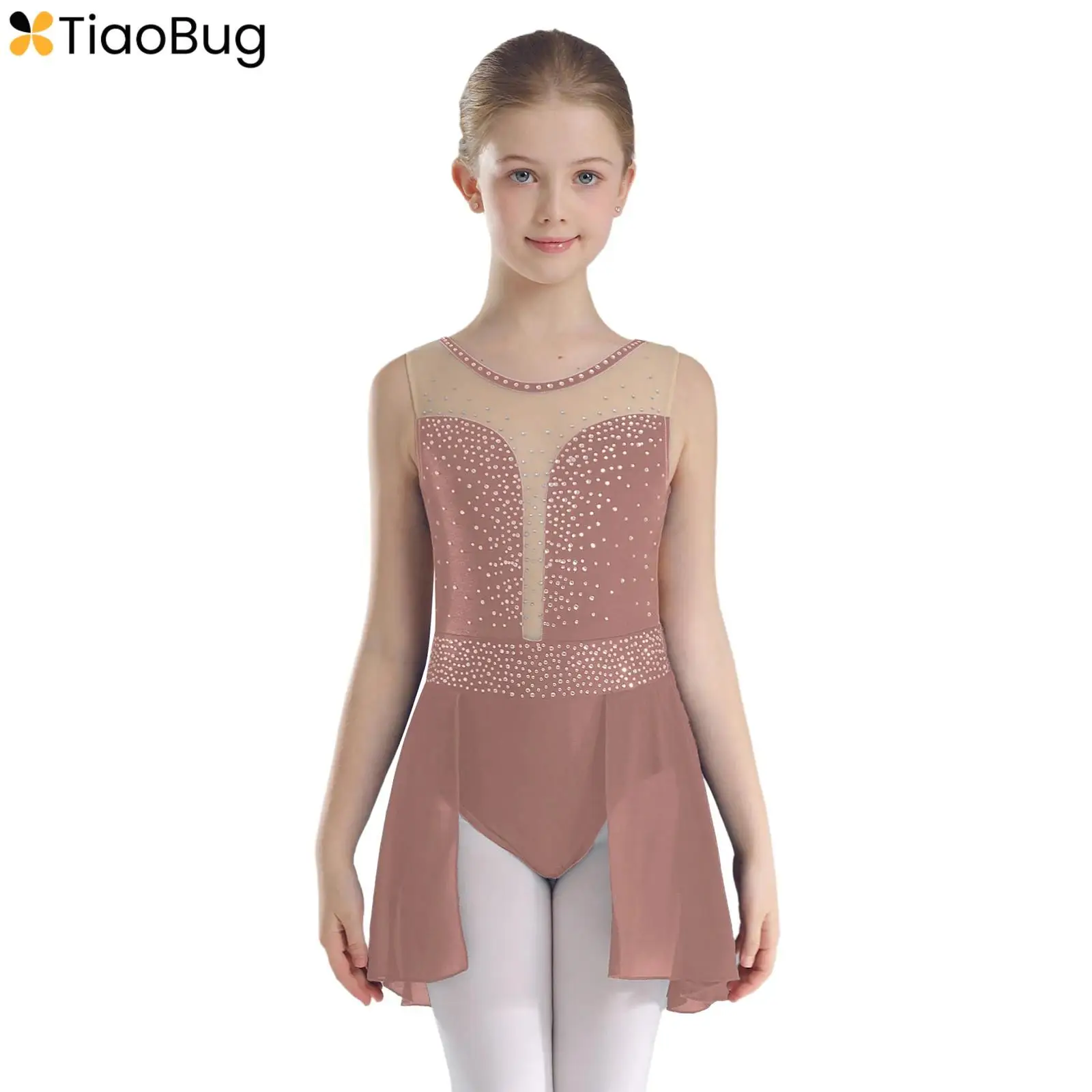 

Girls Lyrical Dance Leotard Dress Kids Sleeveless Rhinestones Skirted Leotards for Figure Skating Ballet Performance Dancewear