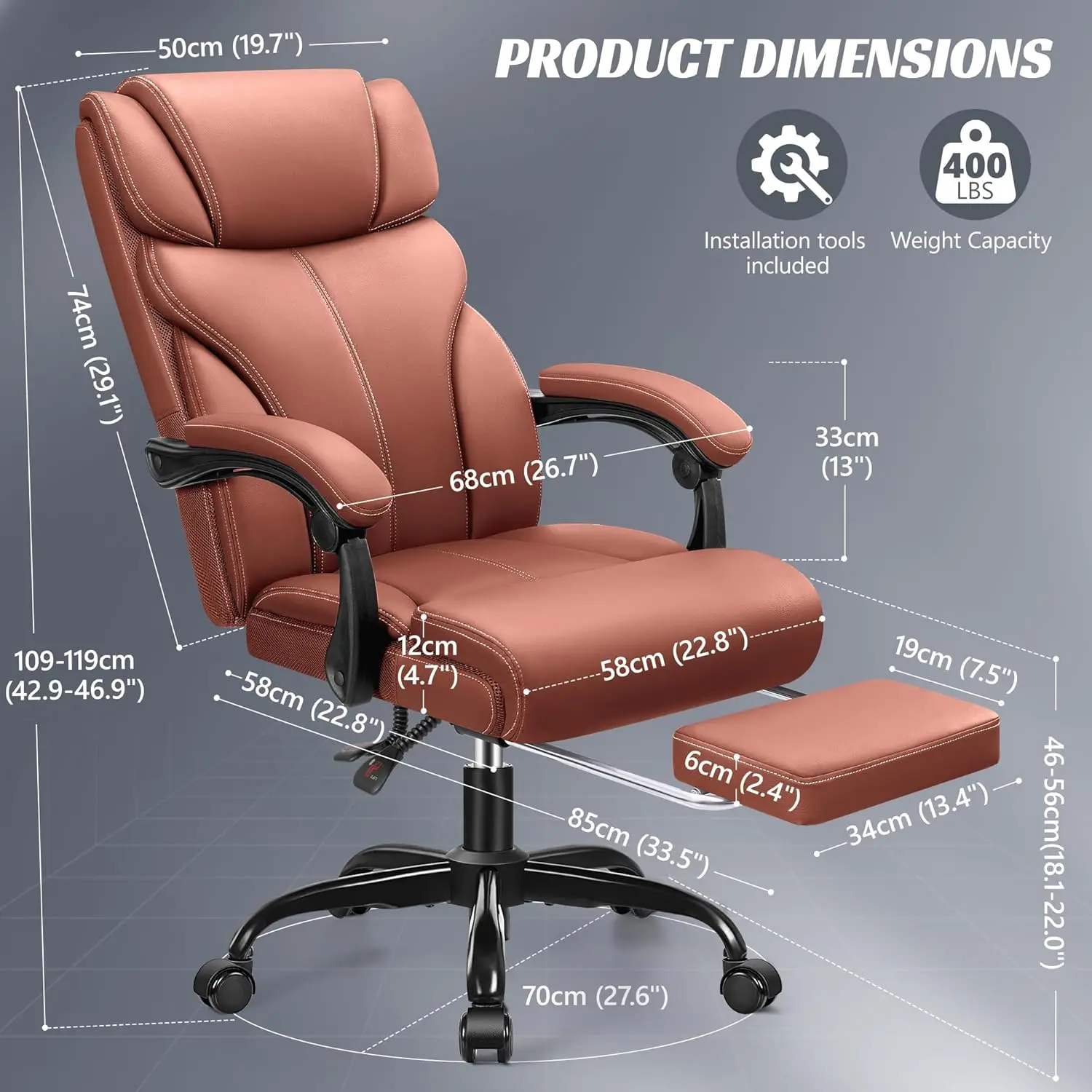 Tall ergonomic computer office chair, rotating roll over lumbar support work chair with adjustable high backrest foot pedals