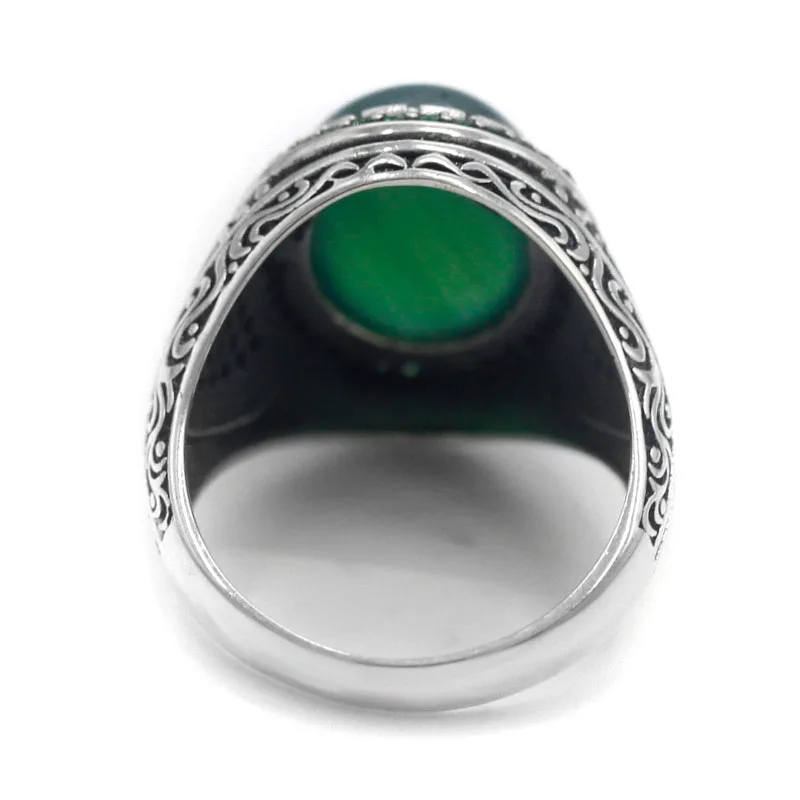 Official authentic S925 Silver Türkiye Men's Handmade Natural Green Agate Gift Luxury Anniversary Retro Fashion Party Jewelry