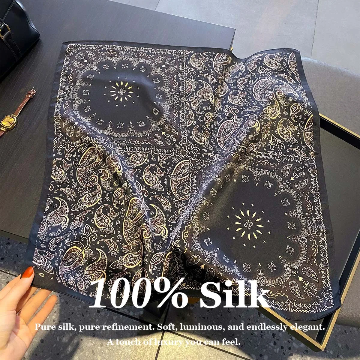 Luxuriöser Retro 53x53cm Seidenschal für Damen, 100% Reine Seide Halstuch, Modisches Paisley-Haarbandana, Kleines Stirnband, Foulard, Damenschal