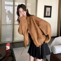 Retro Suede Short Jacket for Women in Spring and Autumn 2024 New Loose Fitting Casual and Versatile Small Jacket for Commuting S