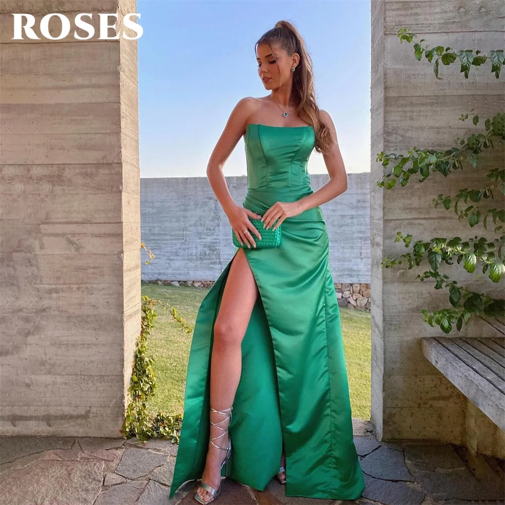 

ROSES Green A Line Prom Dress Stain Strapless Celebrity Dress Women's Evening Dress High Split Formal Gown 프롬 드레스