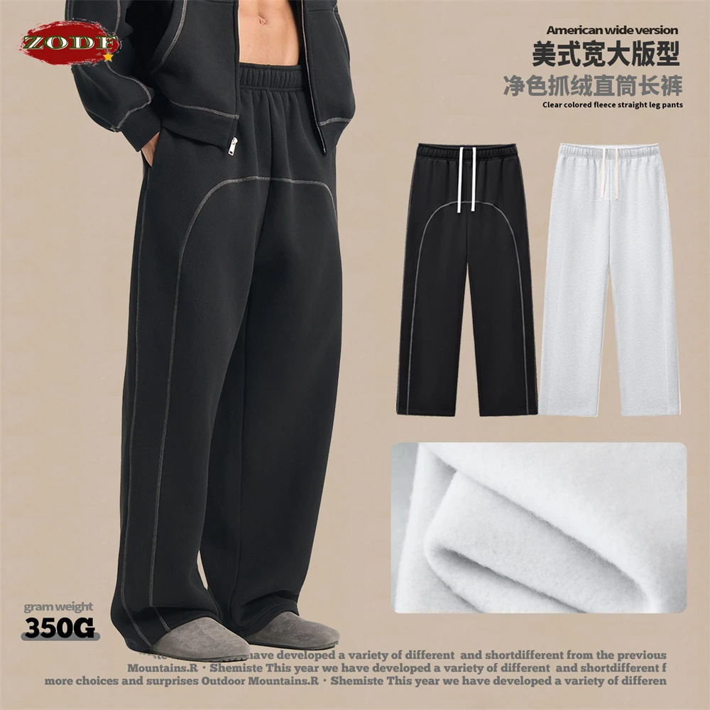 

ZODF Fashion Winter Warm 350gsm Fleece Sweatpants For Men Unisex High Street Loose Fit Sport Warm Straight Pants Trousers HY0033