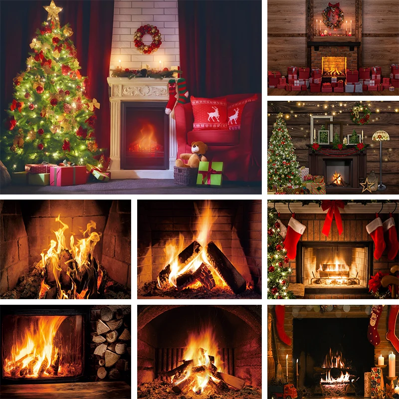 Christmas Fireplace Backdrop for Photography Winter Decorative Fake Fireplace Flame Home Interior Decor Photo Background Cloth