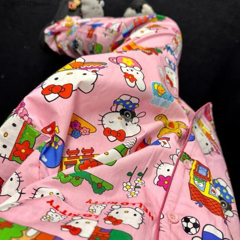 Sanrio Hello Kitty Kawaii Home Clothes 3 Pieces Set Cartoon Short Sleeve Top Shirt Shorts Pants Women Pajamas Suit Y2k Sleepwear