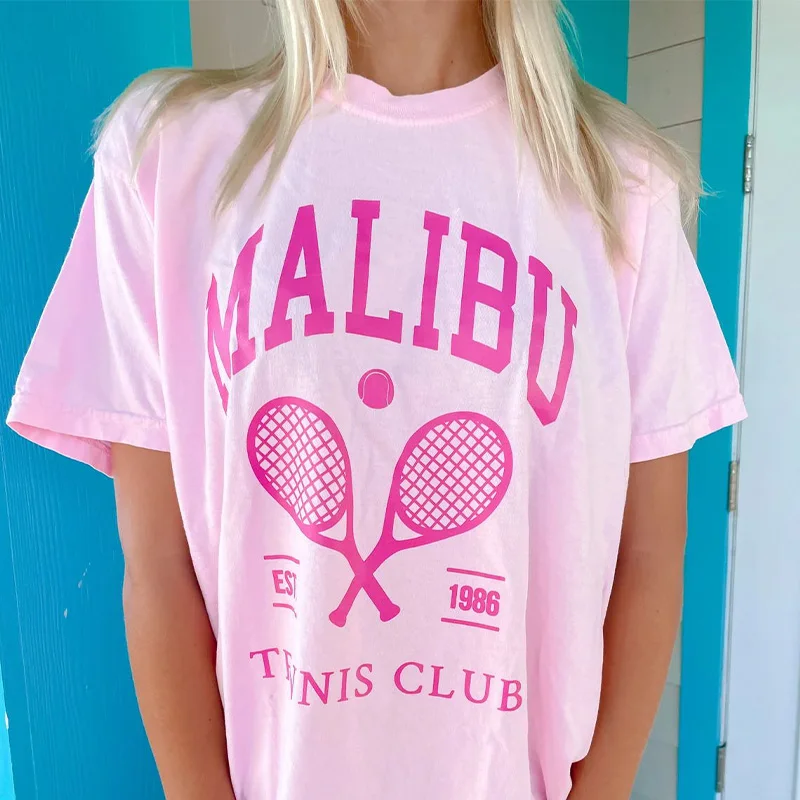 5319 Malibu Tennis Club Women Y2K Pink T Shirts For Female Short Sleeve Loose Cotton Summer Casual Printing Tees