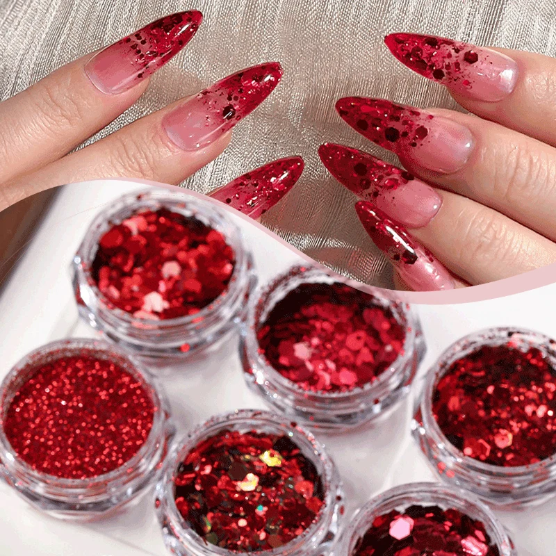 Red Iridescent Mixed Hexagon Nail Glitter Sequins Spangles Flakes Nail Art Powder Manicure Gel Polish Accessories