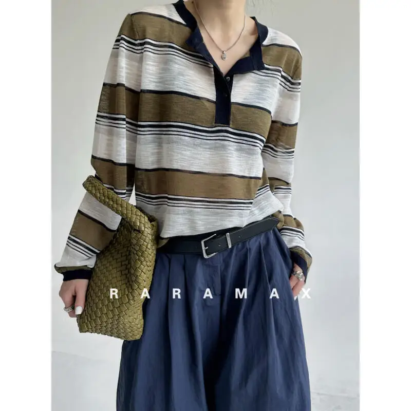 

Полосатая футболка с длинными рукавами для девочек, халат с цветными блоками, осенне-зимние топы, минималистичный ретро темперамент, женская одежда, оптовая продажа